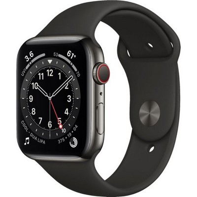 Apple Watch Series 6 GPS + Cellular 44mm Graphite Stainless Steel Case with Black Sport Band (M07Q3, M09H3)