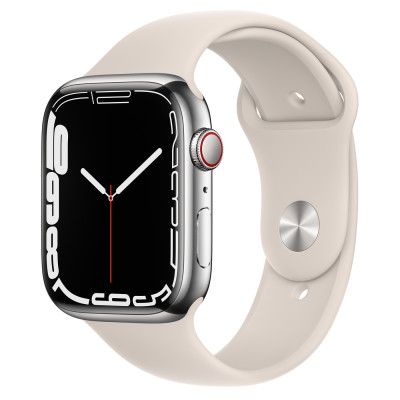 Apple Watch Series 7 GPS + Cellular 41mm Silver Stainless Steel Case w. Starlight Sport Band (MKHE3MKHW3)