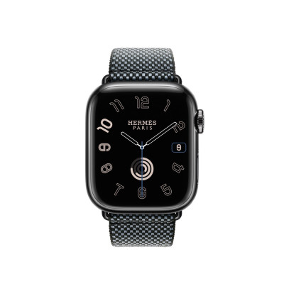 Apple Watch Hermes Series 9 GPS + Cellular, 41mm Space Black Stainless Steel Case with Denim/Noir Toile H Single Tour (MRQ53 + MTJH3)