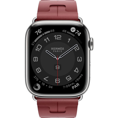 Apple Watch Hermes Series 9 GPS + Cellular, 45mm Silver Stainless Steel Case with Rouge H Kilim Single Tour (MRQP3 + MTJ13)