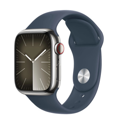 Apple Watch Series 9 GPS + Cellular 41mm Silver S. Steel Case w. Storm Blue Sport Band - M/L (MRJ33)