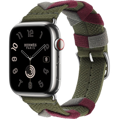 Apple Watch Hermes Series 9 GPS + Cellular, 45mm Silver Stainless Steel Case з Kaki Bridon Single Tour (MRQP3 + MTHR3)
