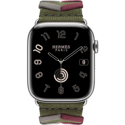 Apple Watch Hermes Series 9 GPS + Cellular, 45mm Silver Stainless Steel Case з Kaki Bridon Single Tour (MRQP3 + MTHR3)