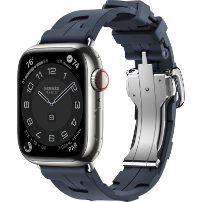 Apple Watch Hermes Series 9 GPS + Cellular, 41mm Silver Stainless Steel Case with Navy Kilim Single Tour (MRQ43 + MTHU3)