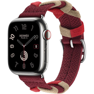 Apple Watch Hermes Series 9 GPS + Cellular, 41 mm Edelstahlgehause Silber, Bridon Single Tour Rouge H (MRQ43 + MTHL3)