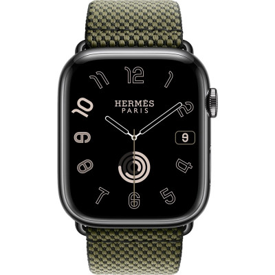 Apple Watch Hermes Series 9 GPS + Cellular, 45mm Space Black Stainless Steel Case with Vert/Noir Toile H Single Tour (MRQQ3 + MTJK3)