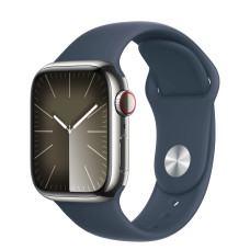 Apple Watch Series 9 GPS + Cellular 41mm Silver S. Steel Case w. Storm Blue Sport Band - S/M (MRJ23)