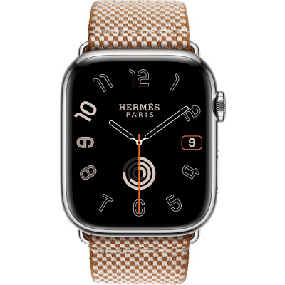 Apple Watch Hermes Series 9 GPS + Cellular, 41mm Silver Stainless Steel Case with Gold/Ecru Toile H Single Tour (MRQ43 + MTJG3)