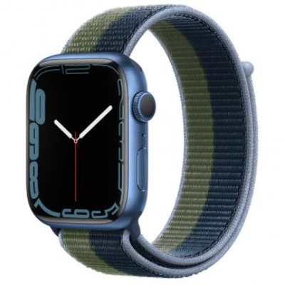 Apple Watch Series 7 GPS 45mm Blue Aluminum Case With Abyss Blue/Moss Green Sport Loop (MKNR3)