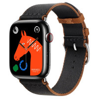 Apple Watch Hermes Series 9 GPS + Cellular 45mm Space Black Stainless Steel Case with Noir/Gold Twill Jump Single Tour (MRQQ3+MTHH3)