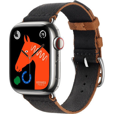 Apple Watch Hermes Series 9 GPS + Cellular, 41mm Silver Stainless Steel Case with Noir/Gold Twill Jump Single Tour (MRQ43 + MTHE3)