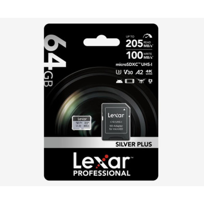 Lexar 64 GB microSDXC Professional Silver Plus UHS-I U3 V30 A2 Class 10 (LMSSIPL064G-BNANG)