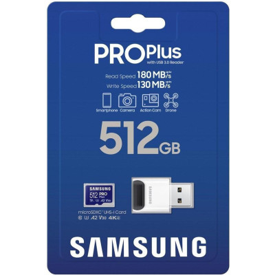 Samsung 512 GB microSDXC UHS-I U3 V30 A2 PRO Plus 2023 + Reader (MB-MD512SB)