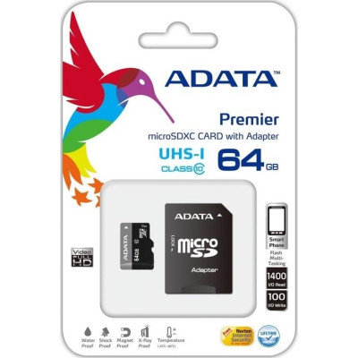 ADATA 64 GB microSDXC UHS-I + SD Adapter Premier AUSDX64GUICL10-RA1