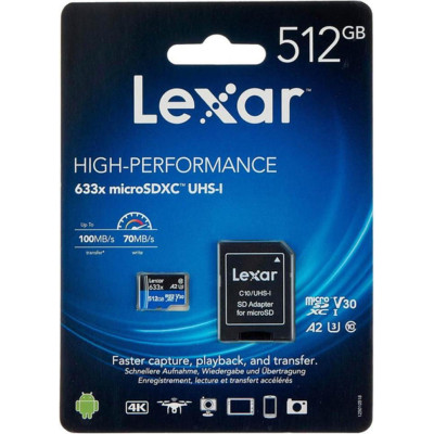 Lexar 512 GB microSDXC High Performance 633x UHS-I U3 V30 A2 Class 10 + SD-adapter (LSDMI512BB633A)