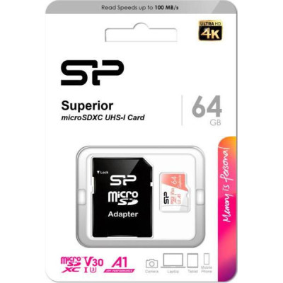 Silicon Power 64 GB microSDXC U3 A1 V30 Superior 100R/80W + SD Adapter (SP064GBSTXDV3V20SP)