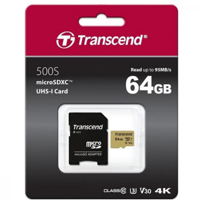 Transcend 64 GB microSDXC UHS-I U3 500S + SD Adapter TS64GUSD500S