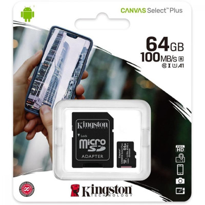 Kingston 64 GB microSDXC Class 10 UHS-I Canvas Select Plus + SD Adapter SDCS2/64GB