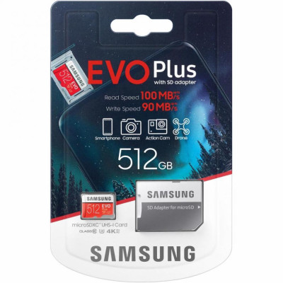 Samsung 512 GB microSDXC Class 10 UHS-I U3 EVO Plus + SD Adapter MB-MC512HA