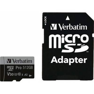 Verbatim 512 GB microSD UHS-I U3 V30 A2 Class 10 Pro + SD-adapter (47046)
