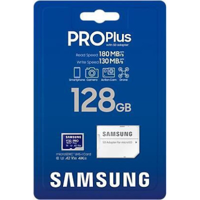 Samsung 128 GB microSDXC Pro Plus UHS-I U3 V30 A2 Class 10 + SD-adapter (MB-MD128SA)