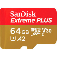 SanDisk Extreme PLUS microSDXC 64GB + SD Adapter 200MB/s and 90MB/s A2 C10 V30 UHS-I U8 SDSQXBU-064G-GN6MA