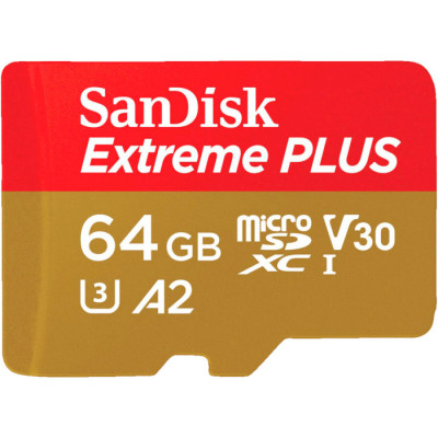SanDisk Extreme PLUS microSDXC 64GB + SD Adapter 200MB/s and 90MB/s A2 C10 V30 UHS-I U8 SDSQXBU-064G-GN6MA