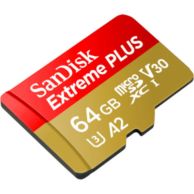 SanDisk Extreme PLUS microSDXC 64GB + SD Adapter 200MB/s and 90MB/s A2 C10 V30 UHS-I U8 SDSQXBU-064G-GN6MA
