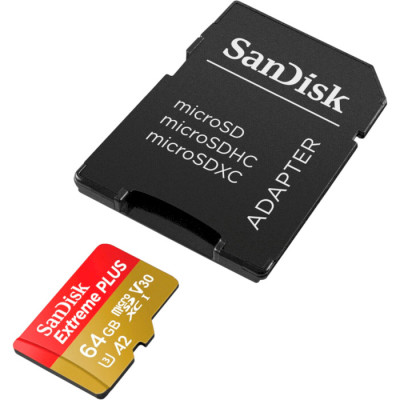 SanDisk Extreme PLUS microSDXC 64GB + SD Adapter 200MB/s and 90MB/s A2 C10 V30 UHS-I U8 SDSQXBU-064G-GN6MA