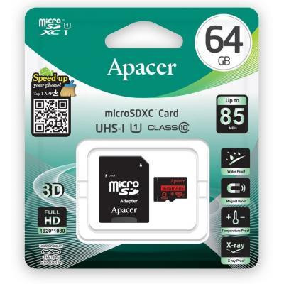 Apacer 64 GB microSDXC Class 10 UHS-I R85 + SD adapter AP64GMCSX10U5-R